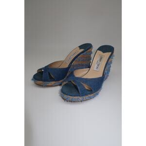 Jimmy Choo Denim Fringed Raffia Almer 105 Wedge Sandals Blue Size 36